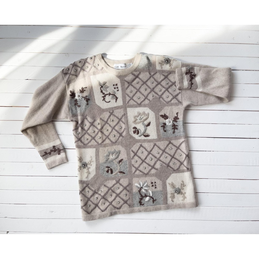 vintage beige cream floral patchwork wool angora‎ embroidered sweater